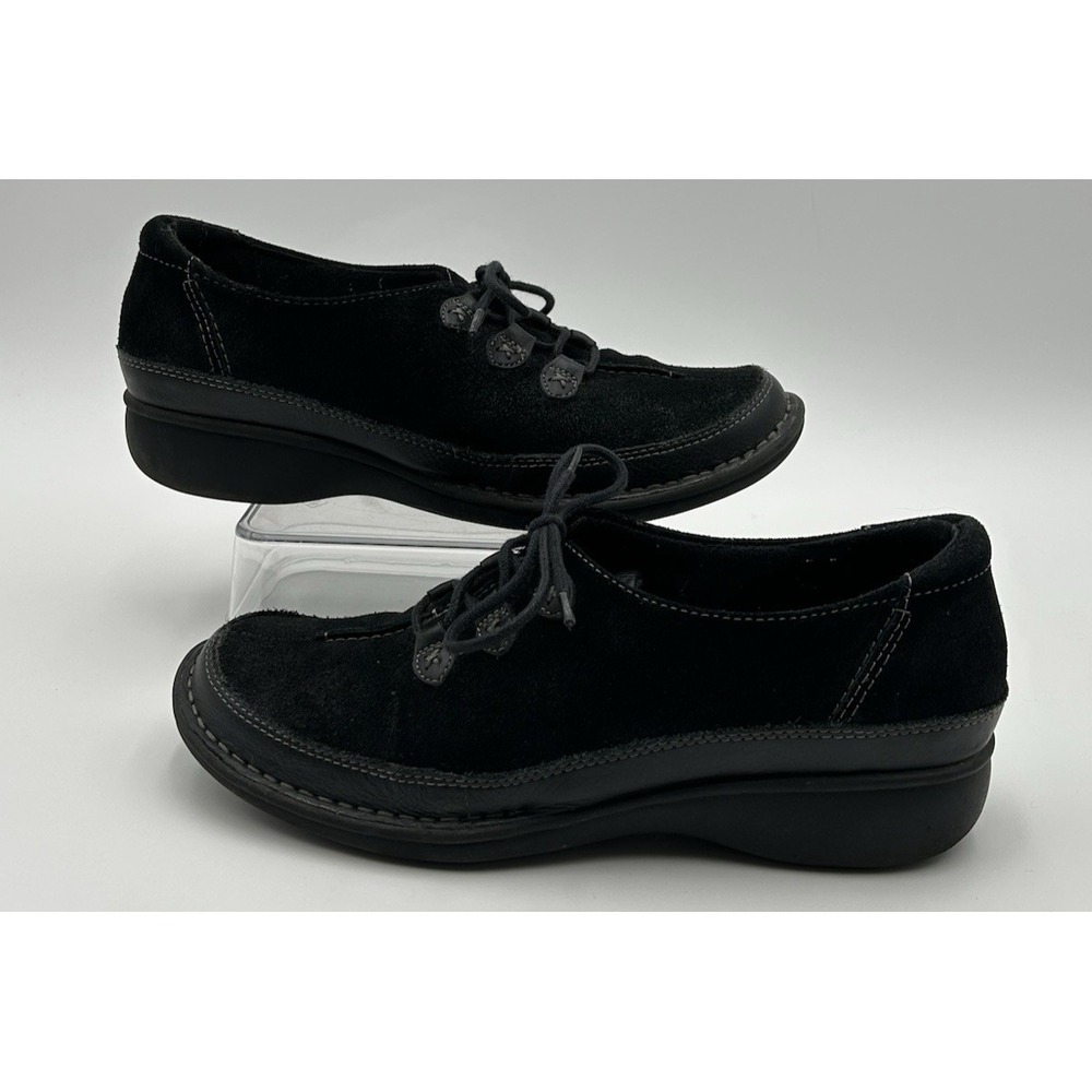 Clarks Artisan Shire Town Black Suede Lace Up Shoes Comfort Women 8M Work Flat